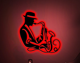 Metal Saxophone Player LED Wall Art, Jazz Music Decor