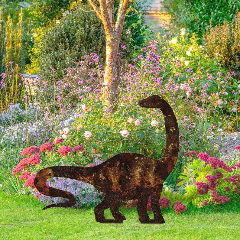 Rusty Metal Dinosaur Brachiosaurus, Dinosaur Metal Garden Sign, Garden Sign Rusty, Housewarming Gift, Outdoor Yard Decor, Rusty Garden Decor image 2