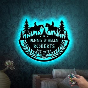 Horse Riding Wedding Metal Sign Led Lights, Custom Family Name Sign, Last Name Established Sign, Metal Horse Sign, Wedding Gift, Couple Gift