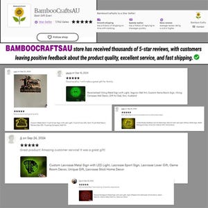 May include: A collage of customer reviews for a shop selling metal signs with LED lights. The reviews highlight the product quality, excellent service, and fast shipping. The signs feature various designs, including a semi-truck, a Viking compass, and a lacrosse stick.