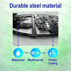 May include: A black metal circular wall decor with a design of a train engine. The decor is made of durable steel and has a waterproof, weatherproof, and powder coating.