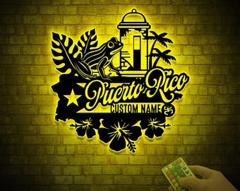 Custom Puerto Rico Metal Sign with LED Lights, Personalized Wall Art
