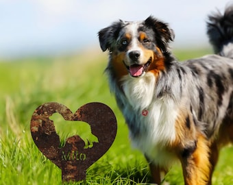 Rustic Metal Dog Garden Stake, Personalized Pet Memorial, Heart Yard Art