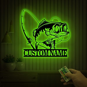 Custom Largemouth Bass Fish Metal Sign Led Lights, Bass Fishing Name Sign, Fish Pole Decor, Lake House Fishing Wall Art, Fishing Dad Gift