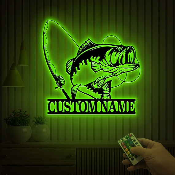 Custom Largemouth Bass Fish Metal Sign Led Lights, Bass Fishing Name Sign, Fish Pole Decor, Lake House Fishing Wall Art, Fishing Dad Gift