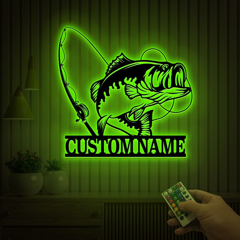 Custom Largemouth Bass Fish Metal Sign Led Lights, Bass Fishing Name Sign, Fish Pole Decor, Lake House Fishing Wall Art, Fishing Dad Gift image 1