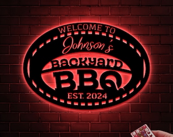 Custom Backyard BBQ Metal Sign with LED Lights, Personalized Outdoor Decor