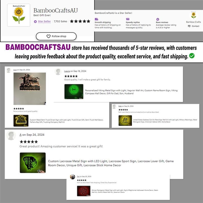 May include: A collage of customer reviews for a shop selling metal signs with LED lights. The reviews highlight the product quality, excellent service, and fast shipping. The signs feature various designs, including a semi-truck, a Viking compass, and a lacrosse stick.