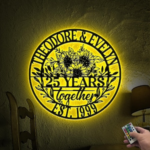 Cadeau 25e anniversaire, oeuvre d'art murale d'anniversaire de mariage avec lumières LED, plaque en métal à suspendre, plaque 25 ans d'existence, cadeau pour les parents