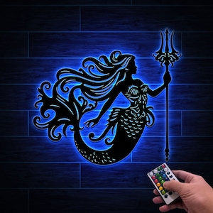 Mermaid Metal Sign Wall Art with Lights, Mermaid Metal Monogram Sign, Beach House Sign, Pool Sign, Mermaid Lover Gift, Mermaid Home Decor
