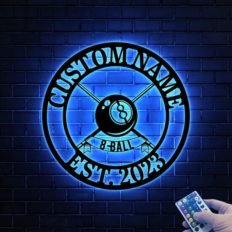 8 Ball Billiards Metal Wall Art Led Light Billiard Room Sign Etsy