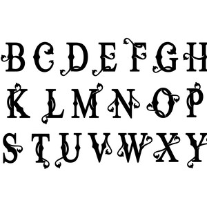 May include: Black and white alphabet with decorative flourishes. Each letter has a unique design with vines and leaves.