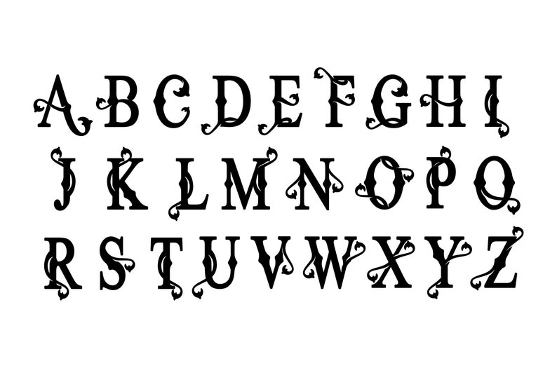 May include: Black and white alphabet with decorative flourishes. Each letter has a unique design with vines and leaves.