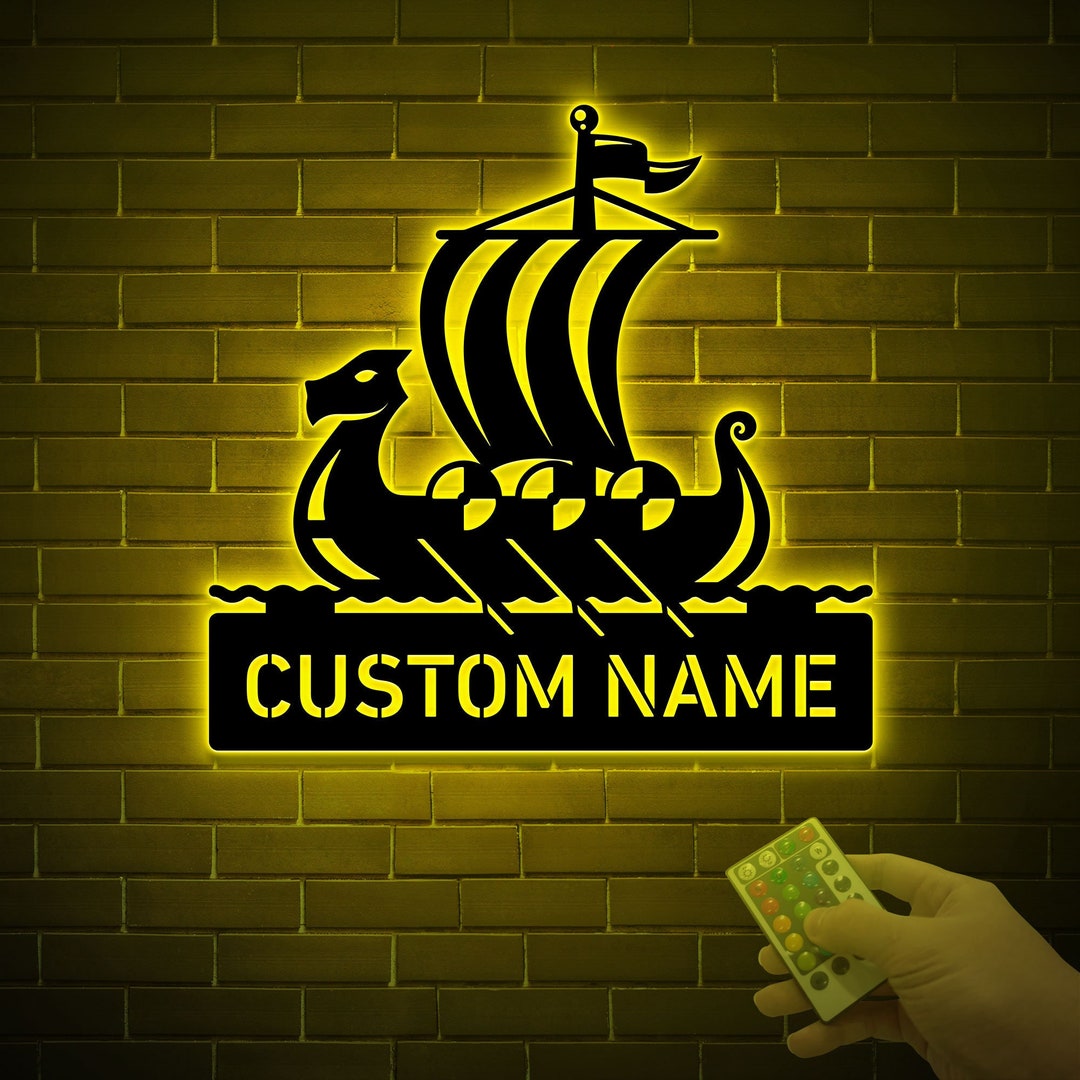 Custom Viking Ship Metal Wall Art With LED Lights, Viking Wall Art