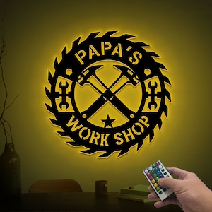 Personalized Workshop Metal Sign with Led Lights, Metal Work Shop Art, Papa&#39;s Workshop Sign, Metal Garage Sign, Mechanic Gifts, Tool Sign