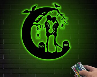 Custom Skeleton Couple LED Metal Wall Art, Halloween Wedding Gift