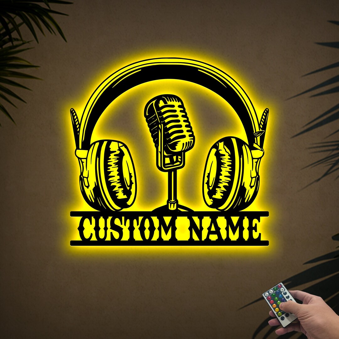 Custom Microphone and Headphones Metal Sign With LED Lights, Music Room Wall Art, Music Studio
