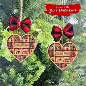 Personalized Heart Bookcase Ornament, Custom Bookshelf Wood Ornament, Book Lover Gift, Bookworm Gifts, Librarian Gift, Christmas Tree Decor