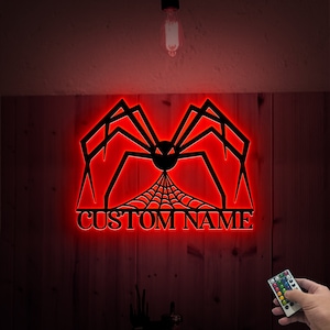 Personalized Spider Metal Wall Art with Led Light, Spider Halloween Sign, Spider Web Home Decor, Spooky Halloween Gift, Halloween Scary Sign