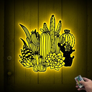 Cactus Metal Wall Art with Led Light, Cactus Flower Metal Sign, Home Office Decor, Cactus Lover Gift Succulent Gift Plant Lover Gift Hanging