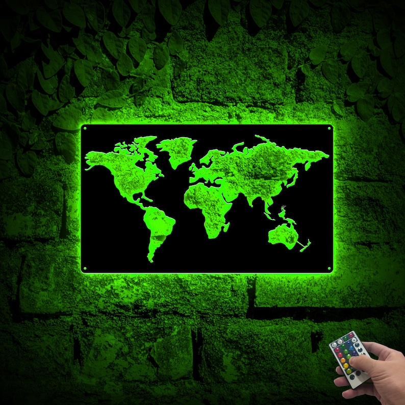 Metal World Map Continents Sign With LED Lights World Map Etsy