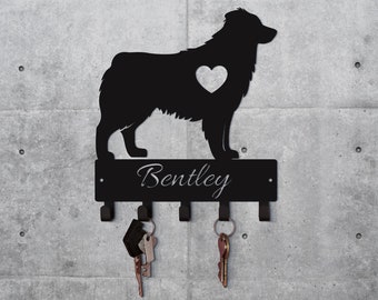 Custom Dog Key Holder for Wall, Australian Shepherd Dog, Metal Key Rack 5 Hooks, Dog Collar Holder, Leash Hanger, Front Door Entryway Decor