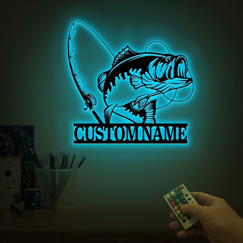 Custom Largemouth Bass Fish Metal Sign Led Lights, Bass Fishing Name Sign, Fish Pole Decor, Lake House Fishing Wall Art, Fishing Dad Gift image 8