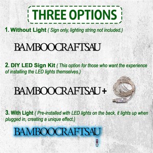 May include: Three options for a wooden sign with the text "BAMBOOCRAFTSAU". Option 1 is without lights, option 2 is a DIY LED sign kit, and option 3 is with pre-installed LED lights.