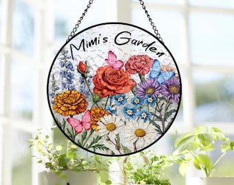 Family Birth Flowers Custom Glass Suncatcher, Custom Garden Gift, Mom Grandma Gift, Botanical Art, Mother's Day Hanging, Nana's Blessings