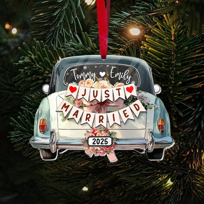 Personalized Wedding Car Acrylic Ornament, Just Married Car Ornament, First Christmas Ornament, Wedding Keepsake, Couple Newlywed Gift