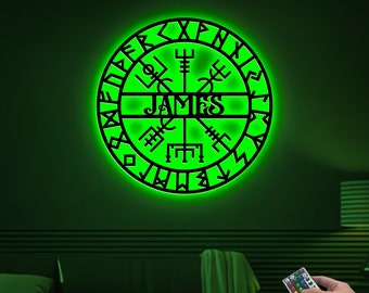 Personalized Viking Metal Sign with Light, Vegvisir Wall Art, Custom Name Room Sign, Viking Compass Wall Decor, Gift for Dad, Son, Husband