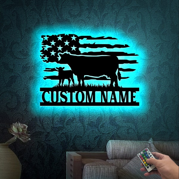 Custom Cow Farm Sign with LED Lights, Metal Cow Sign US Flag Art, Barn Ranch Decor, Farmhouse Wall Decor, Family Name Sign Gift for Farmer