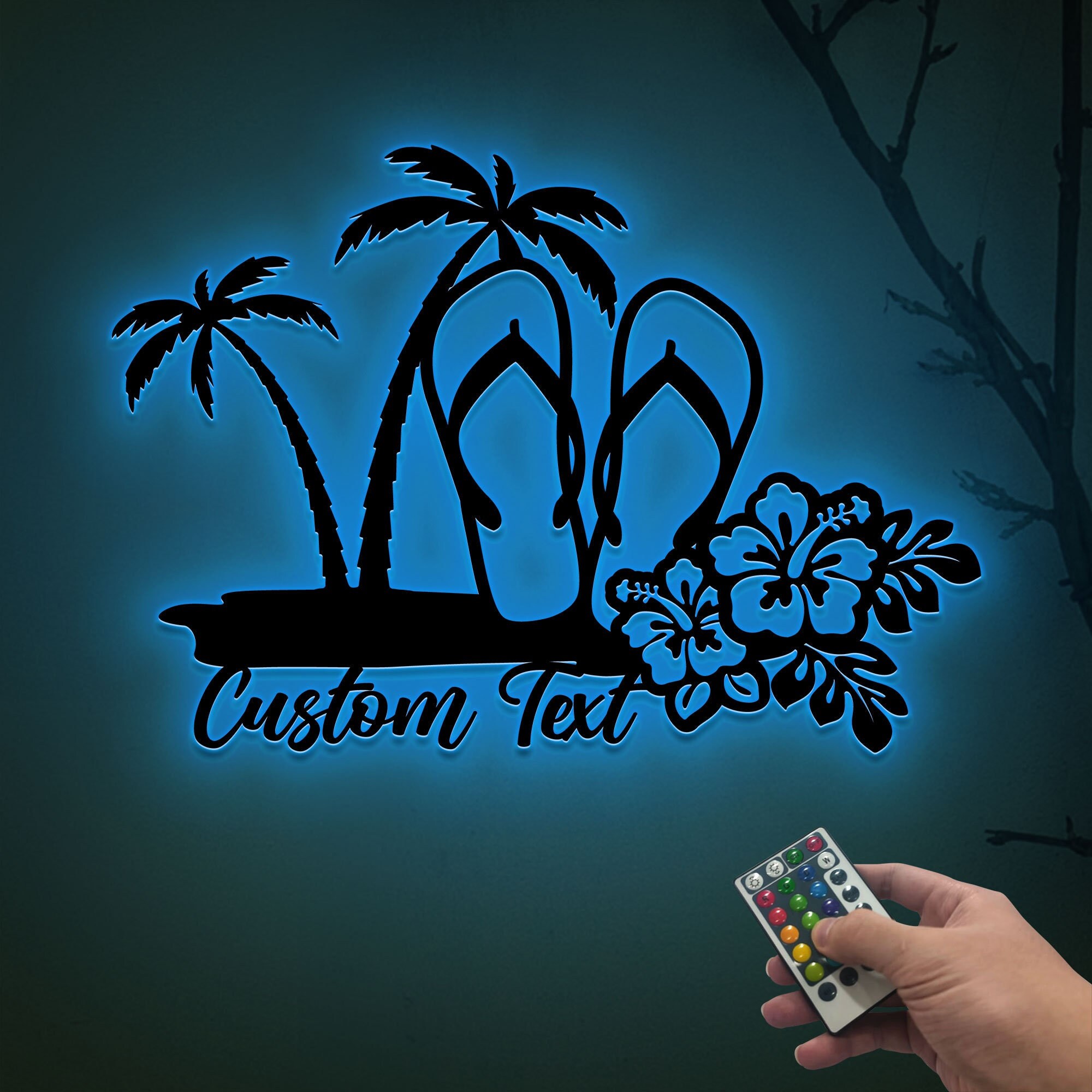 Coastal Flip Flops Metal Wall LED Light, Custom Beach House Decor, Ocean Beach Wall Art, Palm Tree Nautical Summer Decor, Housewarming Gift
