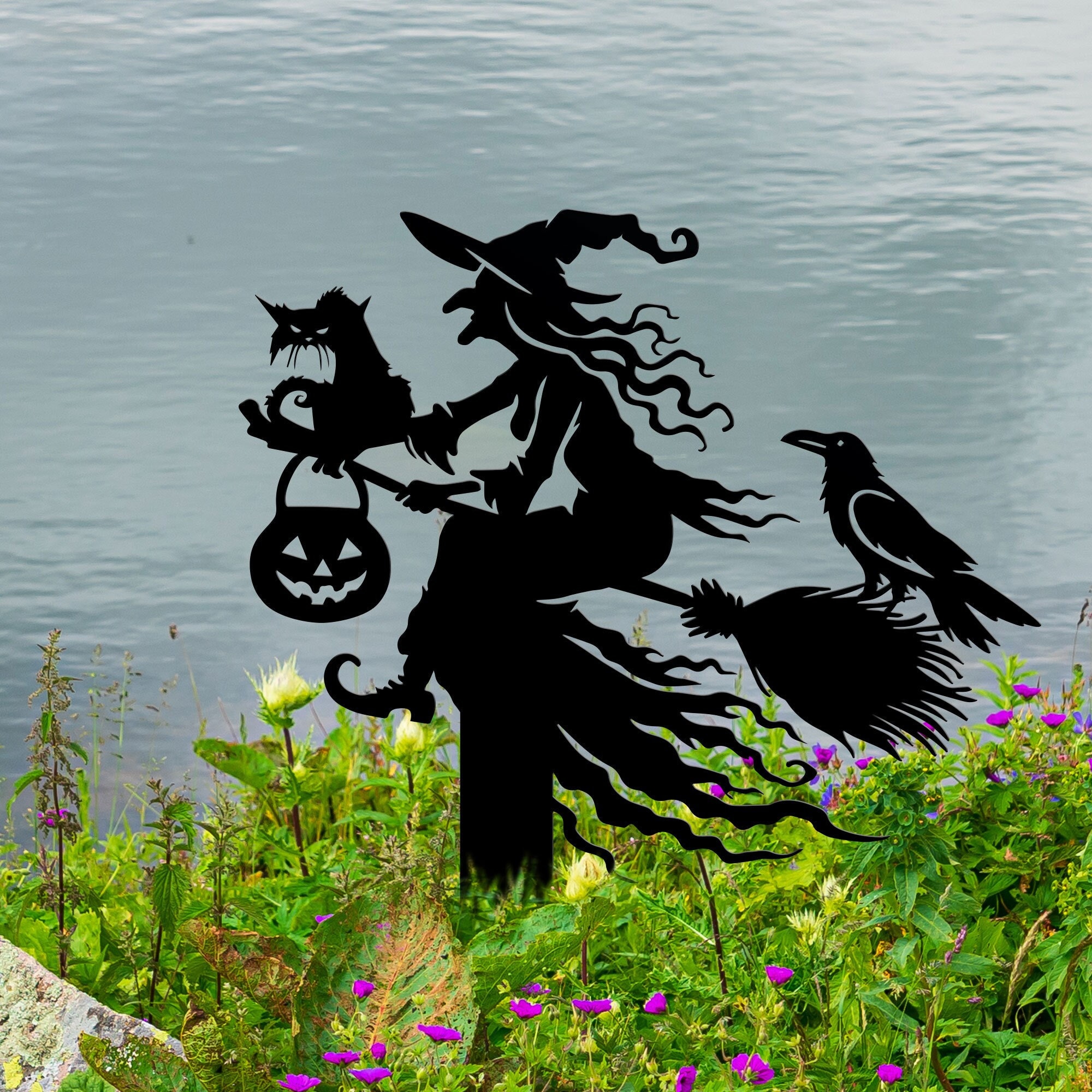 Witch on Broomstick Metal Yard Stake, Witch Garden Stake, Halloween Outdoor Decor, Witch with Black Cat and Crow Decor, Halloween Sign