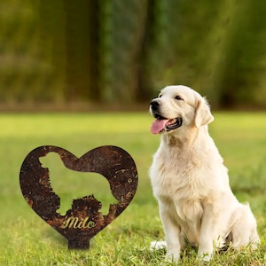 Golden Retriever Garden Stake, Rustic Metal Dog Garden Sign, Pet Grave Marker, Dog Loss Gift, Heart Memorial Garden Decor, Metal Yard Art
