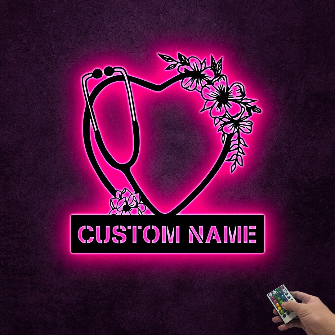 Personalized Floral Heart Stethoscope Nursing Metal Wall Art Led Lights, Nurse Name Sign, Heart
