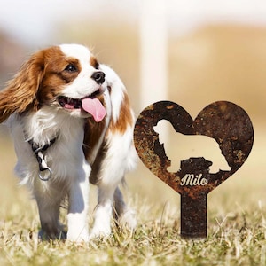 Rustic Metal Dog Garden Stake, Cavalier King Charles Spaniel, Dog Name Sign, Pet Grave Marker, Dog Garden Decor, Heart Memorial Yard Art