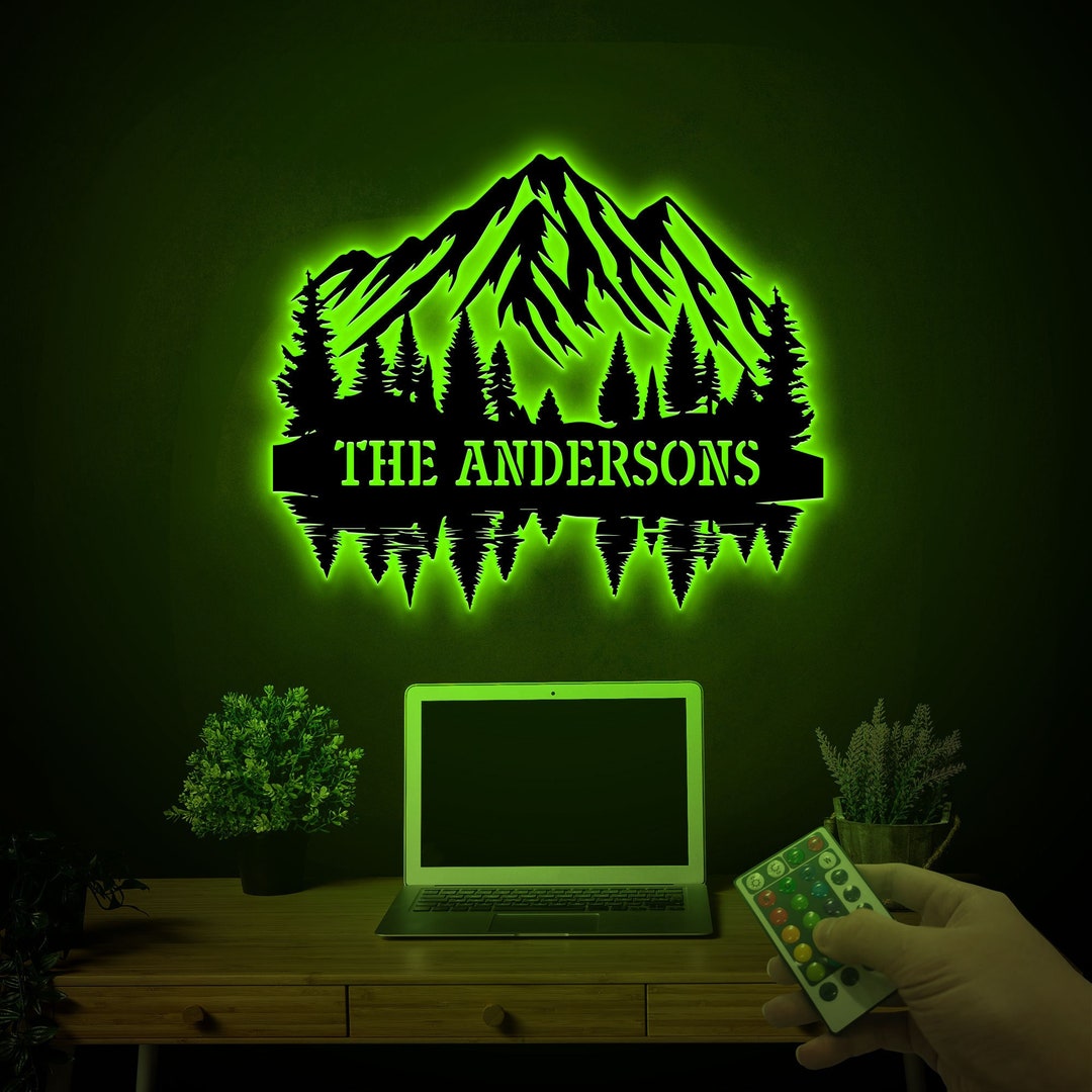 Personalized Mountain Wall Art With Led Lights, Custom Family Name Sign ...