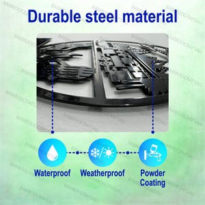 May include: A black metal circular wall decor with a design of a train engine. The decor is made of durable steel and has a waterproof, weatherproof, and powder coating.