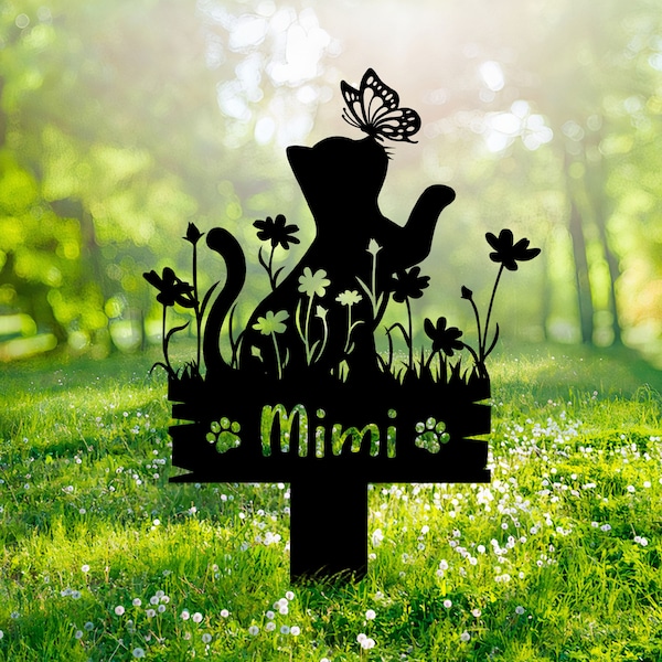 Custom Cat Memorial Stake, Cat Grave Marker Garden Decor, Cat with Butterfly & Flowers Stake, Cat Loss, Cat Memorial Gift, Sympathy Sign