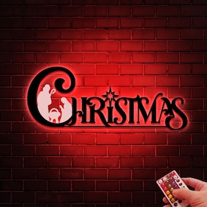 Christmas Letters Sign with Nativity Scene Led Lights, Nativity Scene Metal Wall Art, Christmas Metal Sign, Christian Gift, Christmas Decor