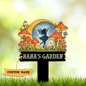 Custom Fairy Garden Stake, Fairy Metal Garden Sign, Mushroom Yard Sign, Gardener Gift, Gift for Her Mother&#39;s Day, Nana&#39;s Blessings