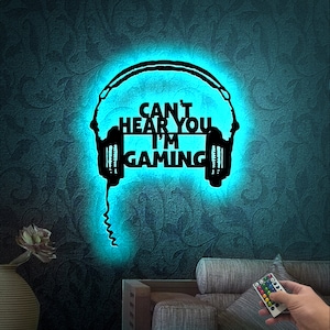 I Can&#39;t Here You I&#39;m Gaming Metal Sign LED Lights, Metal Gamer Headset, Game Zone Sign, Gamer Name Sign, Game Room Decor, Gamer Gift