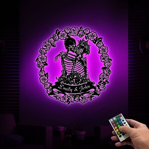 Custom Skeleton Kissing Lovers Metal Sign Wall Art with Led Light, Skeleton Lovers Wall Decor, Skull Hanging, Wedding Gift Decor, Home Decor