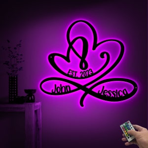 Infinity Symbol Wall Art with LED Lights, Infinity Heart with Name, Couple Name Sign, Wedding Valentines Day Gift, Love Established Sign