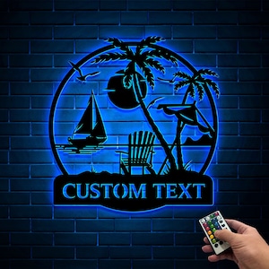 Custom Beach Metal Sign with LED Light, Coastal Decor