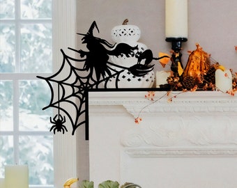 Halloween Witch Flying and Spiderweb Door Corner Sign, Witch Halloween Decoration, Black Cat Sign, Door Corner Decor, Gift for Halloween