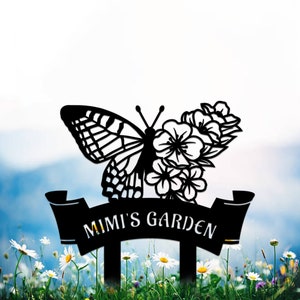 Personalized Butterfly Garden Metal Sign With Stakes, Garden Name Sign, Garden Flower Sign, Metal Yard Art, Housewarming Gift, Garden Decor
