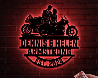 Motorcycle Wedding Metal Sign with LED Lights, Personalized Family Name Gift