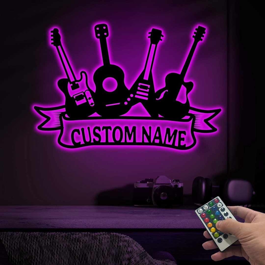 Personalized Guitar Wall Art LED Lights, Guitar Player Name Sign, Music
